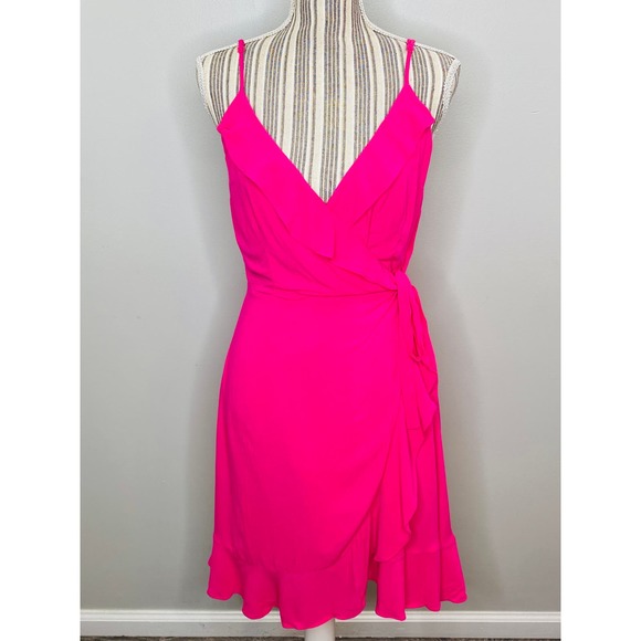 Cupcakes and Cashmere Vibrant Pink Ruffle Wrap Dress Women Small Barbiecore NWT - Picture 2 of 12